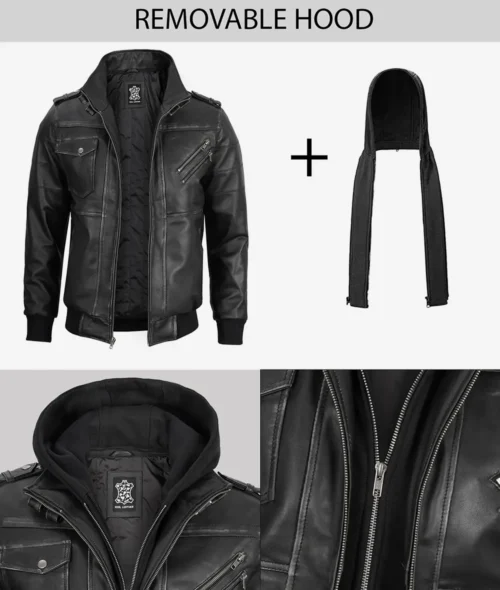 Men’s grey bomber leather jacket with removable hood