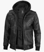 Hooded men’s grey leather bomber jacket with zippered pockets