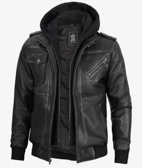 Hooded men’s grey leather bomber jacket with zippered pockets