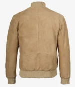 Back view of men’s camel suede bomber jacket with ribbed hem and cuffs