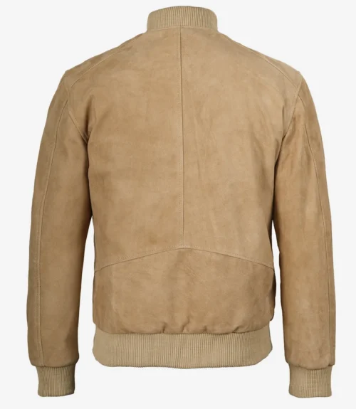 Back view of men’s camel suede bomber jacket with ribbed hem and cuffs