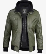 Olive green leather jacket with black inner hoodie and ribbed cuffs. Features silver zippers, flap and diagonal pockets, offering a rugged, stylish look.