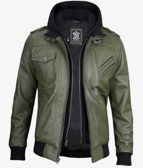 Olive green leather jacket with black inner hoodie and ribbed cuffs. Features silver zippers, flap and diagonal pockets, offering a rugged, stylish look.