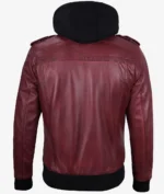 Back view of a maroon leather jacket with shoulder epaulettes and a black hood. The sleek design conveys a stylish and modern tone.