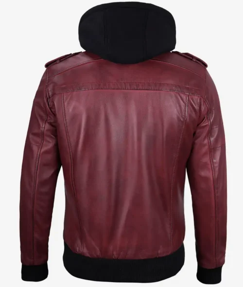 Back view of a maroon leather jacket with shoulder epaulettes and a black hood. The sleek design conveys a stylish and modern tone.