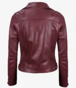 Burgundy leather jacket shown from the back, featuring quilted shoulder patches and silver button details at the hem, conveying a stylish, edgy tone.