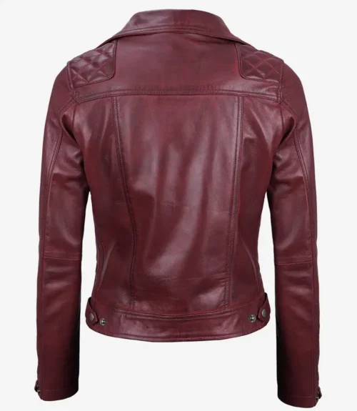 Burgundy leather jacket shown from the back, featuring quilted shoulder patches and silver button details at the hem, conveying a stylish, edgy tone.