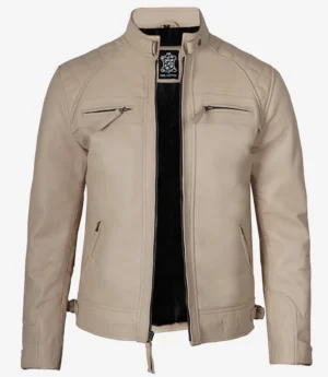 Beige leather jacket on a white background, featuring a high collar, quilted shoulders, two chest zips, and a sleek black inner lining. Stylish and modern.