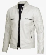 White leather jacket with a stand collar, black zipper, and side pockets. The sleek, modern design is accented by horizontal stitching and zippers on the chest.