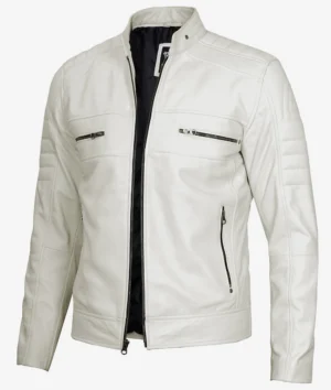 White leather jacket with a stand collar, black zipper, and side pockets. The sleek, modern design is accented by horizontal stitching and zippers on the chest.