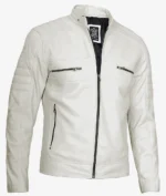 A sleek white leather jacket with quilted shoulders, a stand-up collar, and front zipper. Features two chest and two side zippered pockets. Stylish and modern.