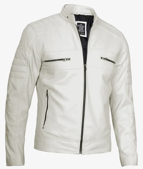 A sleek white leather jacket with quilted shoulders, a stand-up collar, and front zipper. Features two chest and two side zippered pockets. Stylish and modern.