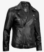 Black leather biker jacket with silver zippers and a belted waist. Features include wide lapels and an edgy, stylish design against a plain backdrop.