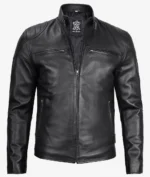 A sleek black leather jacket with a front zipper, standing collar, and two chest pockets. It exudes a modern, sophisticated style.