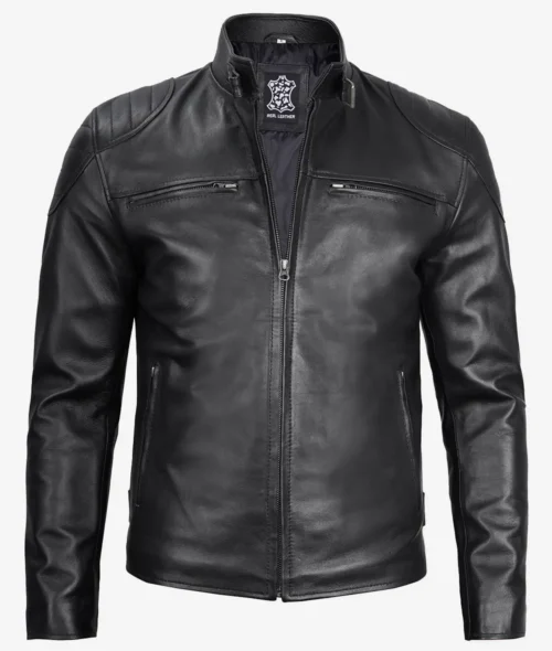 A sleek black leather jacket with a front zipper, standing collar, and two chest pockets. It exudes a modern, sophisticated style.