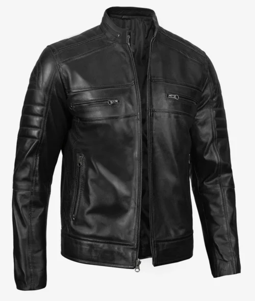A sleek black leather jacket with a stand collar, featuring zippered chest and side pockets. The design is modern and rugged, exuding a stylish, edgy vibe.
