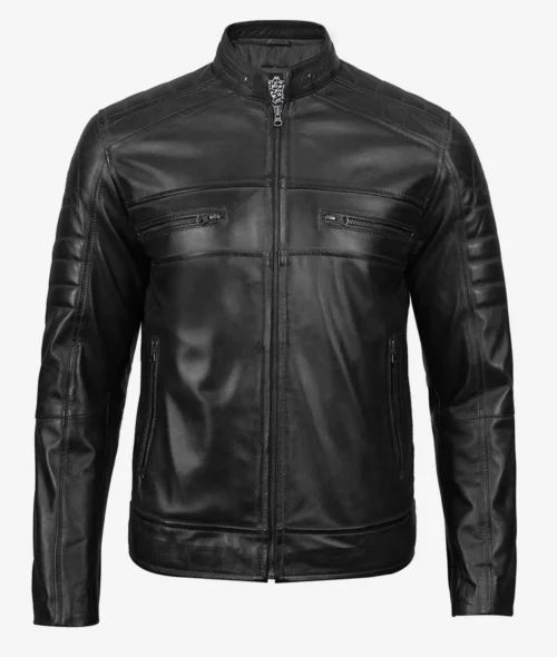 A sleek black leather jacket with a high collar and front zipper, featuring subtle stitching and zippered chest pockets for a modern, edgy look.