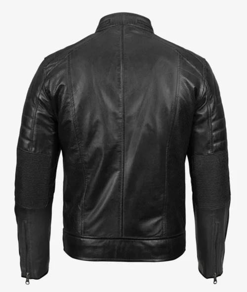 Back view of a sleek black leather jacket, featuring ribbed detailing on the sleeves, zipper cuffs, and a stand-up collar, conveying a modern, edgy style.