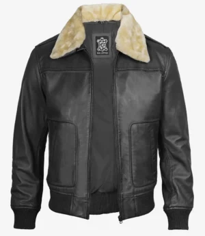 Black leather bomber jacket with a beige shearling collar, featuring a front zipper and two side pockets. The style is classic and rugged.