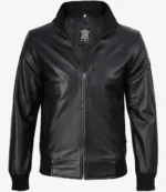Men’s black cowhide leather bomber jacket with zipper closure