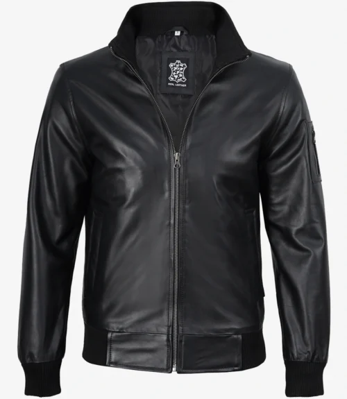 Men’s black cowhide leather bomber jacket with zipper closure