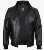 Stylish men’s black leather bomber jacket with rib-knit collar and waist