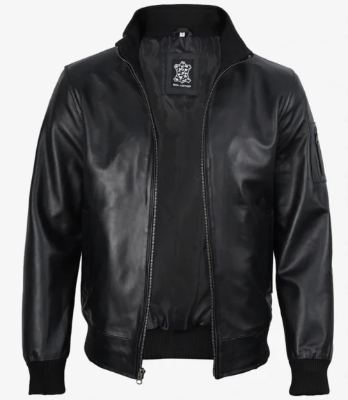 Stylish men’s black leather bomber jacket with rib-knit collar and waist