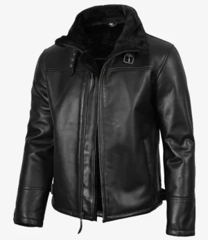 A stylish black leather jacket with a soft fur-lined collar and zipper closure, perfect for chilly weather.