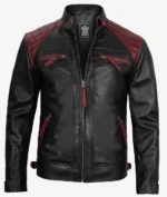 Black leather jacket with maroon quilted shoulder patches and zipper details. Has a sleek, edgy appearance with a front zipper closure.