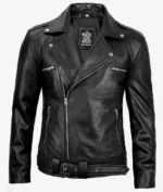 Black leather biker jacket with asymmetrical zipper, silver accents, and a waist belt. The jacket has a rugged and stylish appearance.