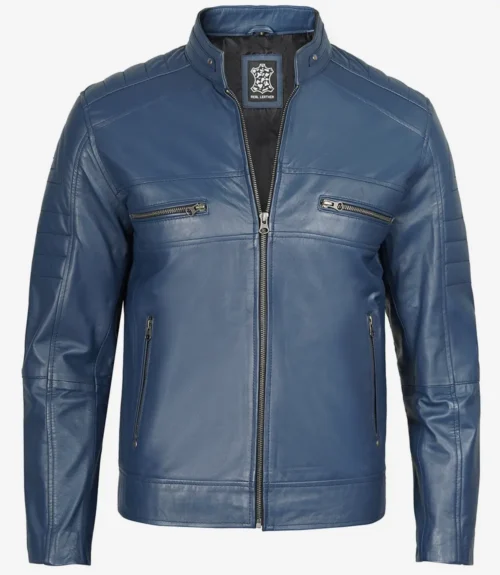 Blue leather jacket with a sleek design, featuring a stand collar, zipped pockets, and detailed stitching. It conveys a modern and stylish tone.