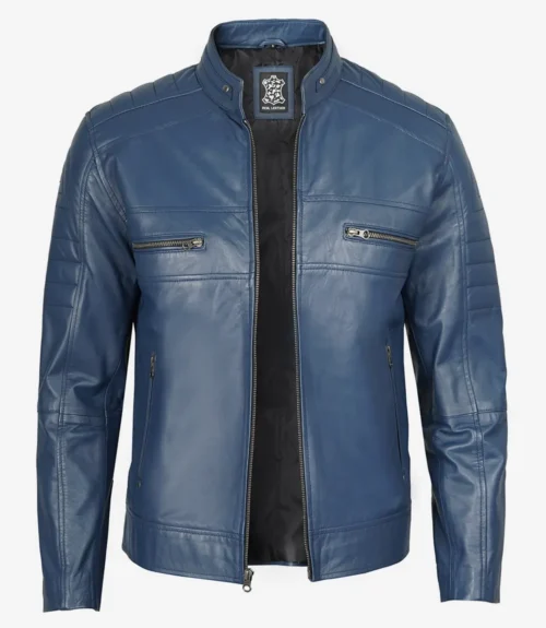 Blue leather jacket with a sleek design, featuring a stand-up collar, two chest zip pockets, quilted shoulder details, and a front zipper closure.