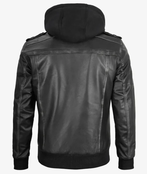 Back view Classic men’s bomber leather jacket in grey with front zip closure