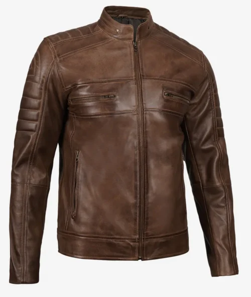Brown leather jacket with a front zipper and two chest pockets. It features ribbed padded details on the shoulders and sleeves, exuding a rugged, stylish vibe.