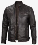 Dark brown leather jacket with a front zipper, two vertical chest pockets, and a stand-up collar. The design is sleek and stylish, conveying a classic, rugged tone.