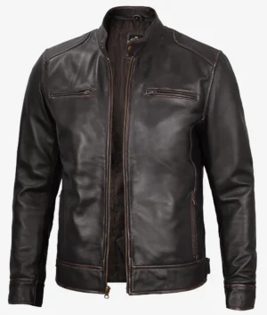 Dark brown leather jacket with a front zipper, two vertical chest pockets, and a stand-up collar. The design is sleek and stylish, conveying a classic, rugged tone.
