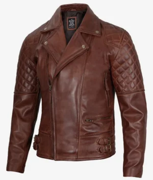 Brown leather biker jacket with quilted shoulders, zippered front, and side pockets. Features buckle accents and a classic, rugged look.
