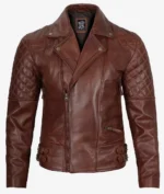 Brown leather biker jacket with quilted shoulder detail, silver snap buttons, and zippered front. Features side buckles and a stylish, rugged look.