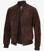 Men’s dark brown suede bomber jacket, three-quarter front view open