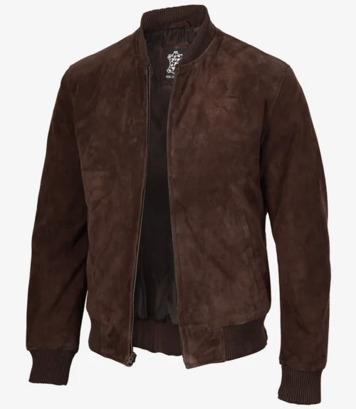 Men’s dark brown suede bomber jacket, three-quarter front view open