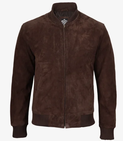 Men’s dark brown suede bomber jacket, front closed with ribbed collar