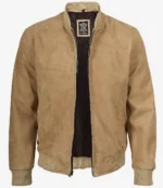 Men’s camel suede bomber jacket, front open straight-on