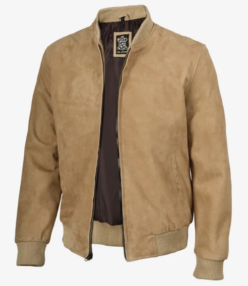 Men’s camel suede bomber jacket, three-quarter front view open