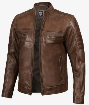 Brown leather jacket on a white background, featuring a front zipper, stand-up collar, and multiple pockets. The design is sleek and modern.