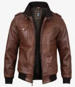 Men’s cognac brown leather bomber jacket, front open view with ribbed collar and chest pockets