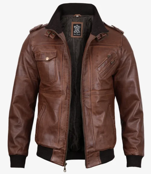Men’s cognac brown leather bomber jacket, front open view with ribbed collar and chest pockets