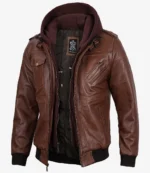 Men’s cognac brown bomber leather jacket with hood, three-quarter front angle