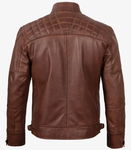 Brown leather jacket's back view with quilted shoulder detailing, adjustable waist straps, and a sleek design, conveying a stylish and rugged tone.