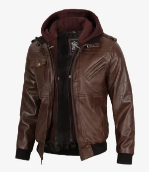 Brown leather jacket with multiple zippers and pockets, featuring a detachable maroon hoodie. Stylish and rugged, blending casual with edgy.