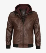 Brown leather jacket with a zip-up front, multiple pockets, and a detachable maroon hood. It exudes a rugged and stylish appearance.